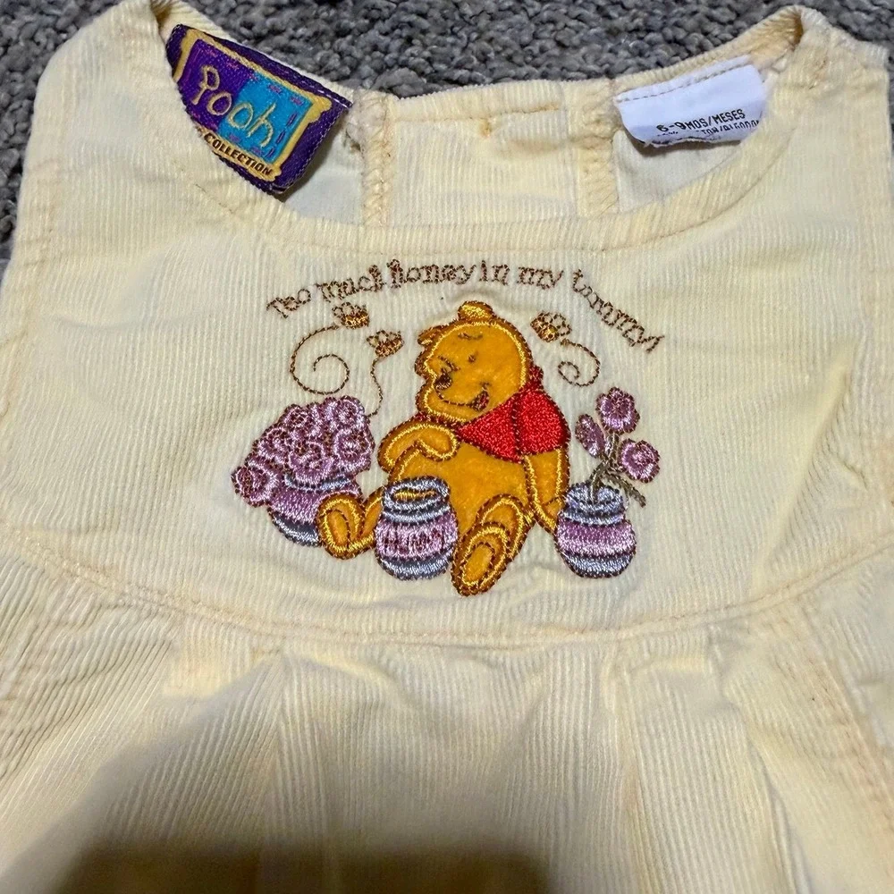 VTG Disney Pooh Baby Corduroy Baggy Romper Yellow 6-9 Months Embroidered